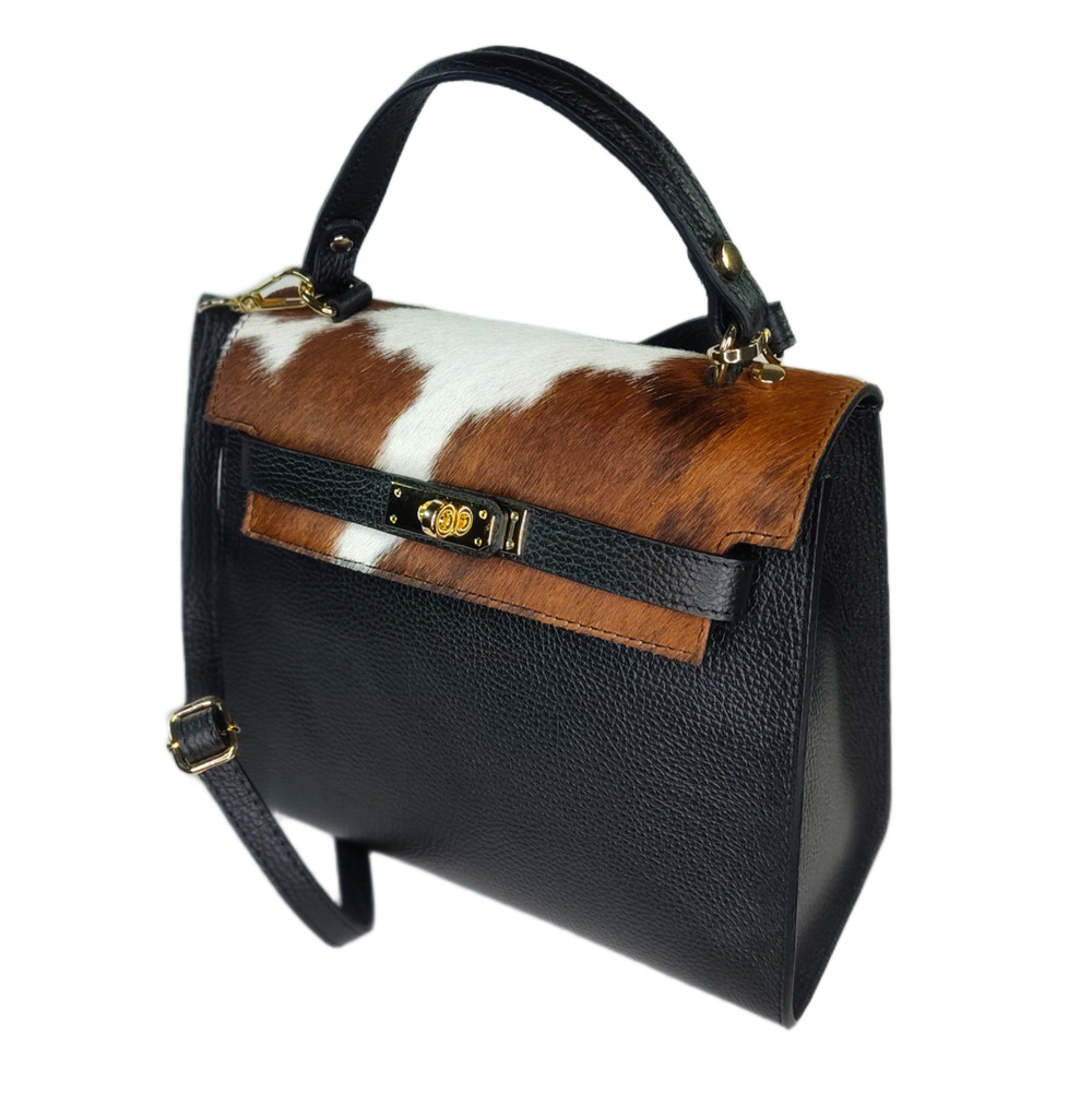 Charlie Leather Bellezza Black with White & Brown Fur Trim Medium Handbag-NWT